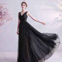 Black v neck tulle beads prom dress evening dress - Thumbnail 2
