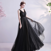 Black v neck tulle beads prom dress evening dress - Thumbnail 3