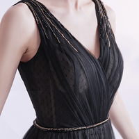 Black v neck tulle beads prom dress evening dress - Thumbnail 4