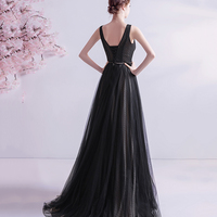 Black v neck tulle beads prom dress evening dress - Thumbnail 6