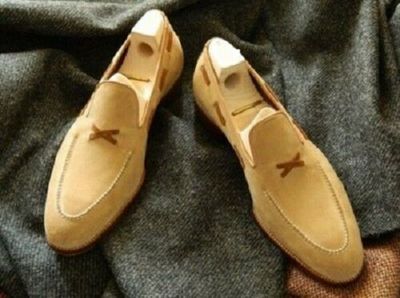 Christmas Sale Men’s Suede Penny Loafers Shoes, Men’s Handmade Beige Color Slip On Moccasin