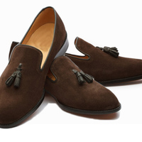 New Tassel Loafer Slip On Brown Color Genuine Suede Leather Derby Black Sole Handmade Limited Edition Shoes - Thumbnail 1