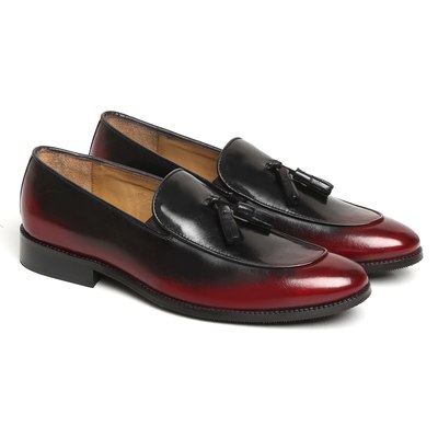 Handmade classic two tone maroon black loafer slip on rounded apron toe genuine leather tassel shoes