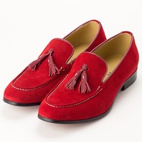 New Red Tassel Loafer Slip On Suede Shoes Rounded Apron Toe Men's - Thumbnail 1