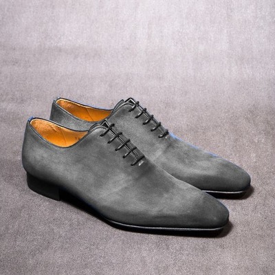 Handmade men grey black tone suede lace up whole cut derby formal shoes - Thumbnail 2