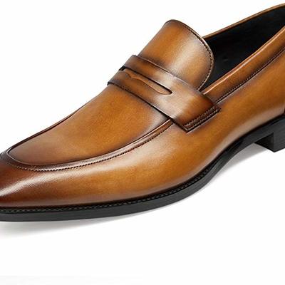 Hot sale men’s tan color leather shoes, handmade round toe slip on dress formal penny loafers shoes