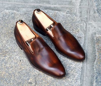 Classic Hand Stitch Coffee Brown Formal Wear Loafer Slippers Genuine Leather Derby Toe Shoes