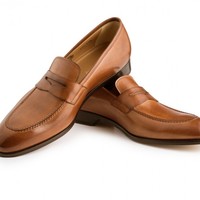 Handmade Brown Penny Rounded Derby Toe Moccasin Loafer Slip On Black Sole Leather Shoes - Thumbnail 1