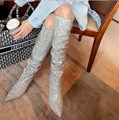 Beautiful Crystal Rhinestones Pointed Toe Over the Knee Boots