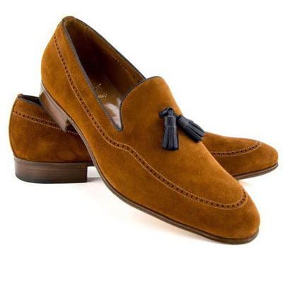 Men brown handmade suede loafers slips on genuine leather black tassel rounded derby toe shoes