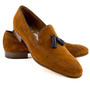 Men Brown Handmade Suede Loafers Slips On Genuine Leather Black Tassel Rounded Derby Toe Shoes-1