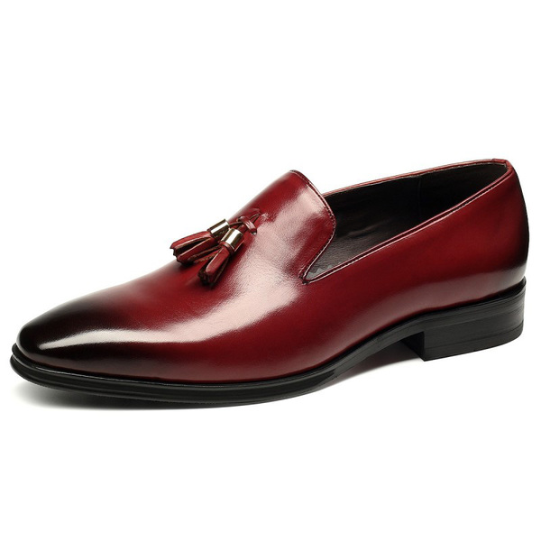 Decent Maroon Formal Tassel Loafer Slip On Burnished Derby Toe Handmade Real Leather Matching Sole Christmas Gift Shoes