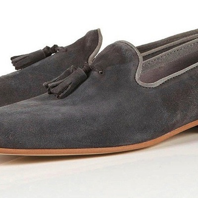 New christmas gray suede rounded derby toe tassel loafer slip on handmade genuine leather shoes - Thumbnail 3