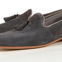 New Christmas Gray Suede Rounded Derby Toe Tassel Loafer Slip On Handmade Genuine Leather Shoes - Thumbnail 1