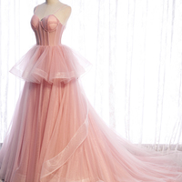 Pink tulle long prom dress pink evening dress - Thumbnail 2