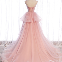 Pink tulle long prom dress pink evening dress - Thumbnail 3
