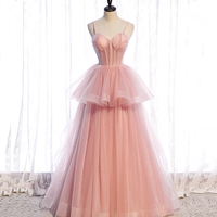 Pink tulle long prom dress pink evening dress - Thumbnail 4