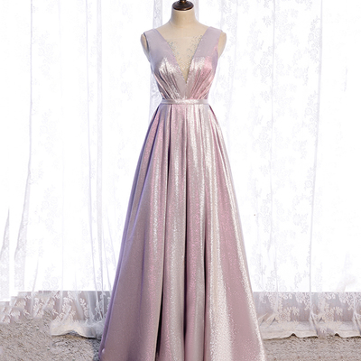 Pink satin long prom dress pink evening dress - Thumbnail 3