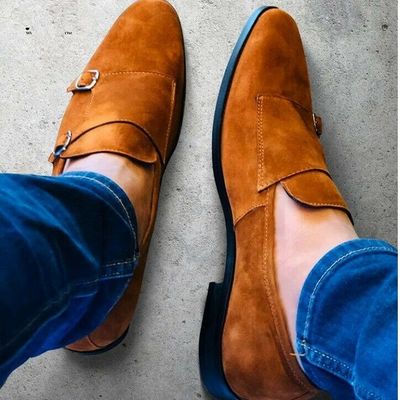 Christmas sale men tan color casual double monk shoes,handmade men classic suede monk shoes - Thumbnail 4