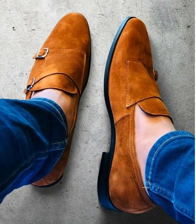 Christmas Sale Men Tan color Casual double monk Shoes,Handmade Men classic suede monk shoes