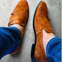Christmas Sale Men Tan color Casual double monk Shoes,Handmade Men classic suede monk shoes - Thumbnail 1