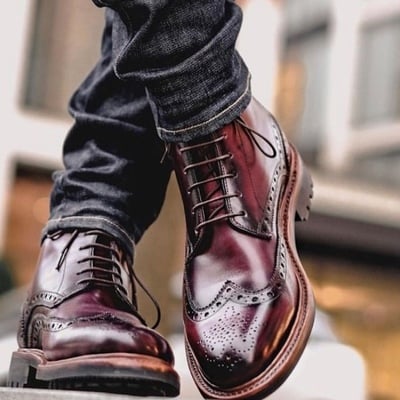 Handmade burgundy leather wingtip lace up military boot for gentlemen