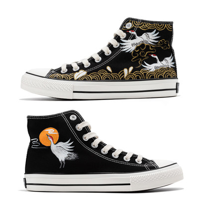 Retro crane waves sunrise casual couple shoes hand-painted shoes - Thumbnail 2