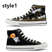 Retro crane waves sunrise casual couple shoes hand-painted shoes - Thumbnail 1