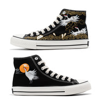 Retro crane waves sunrise casual couple shoes hand-painted shoes - Thumbnail 6