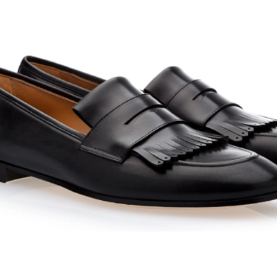 Elegant handmade black fringe shoes, leather penny loafer shoes for men's