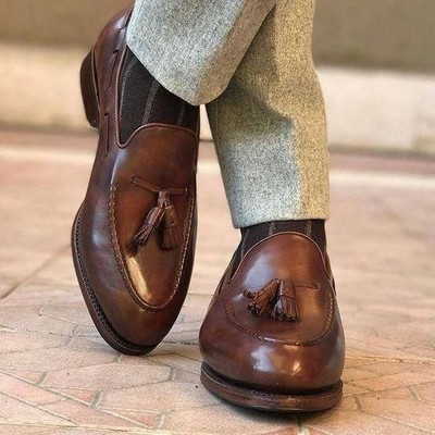 Handmade brown leather tussles loafer shoes for men's