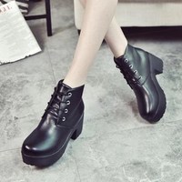 Cute Black and White Lace up PU Leather Boots - Thumbnail 1