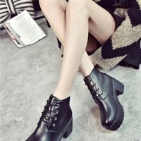 Cute Black and White Lace up PU Leather Boots - Thumbnail 5