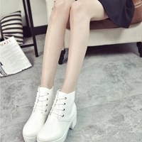 Cute Black and White Lace up PU Leather Boots - Thumbnail 7
