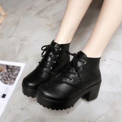 Cute black and white lace up pu leather boots - Thumbnail 3