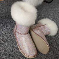 Gorgeous Luxury Leather Rhinestone Women's Faux Fur Boots - Thumbnail 1