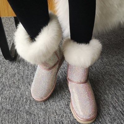 Gorgeous luxury leather rhinestone women's faux fur boots - Thumbnail 3
