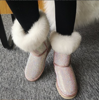 Gorgeous Luxury Leather Rhinestone Women's Faux Fur Boots