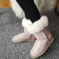 Gorgeous Luxury Leather Rhinestone Women's Faux Fur Boots - Thumbnail 2