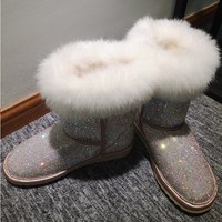 Gorgeous Luxury Leather Rhinestone Women's Faux Fur Boots - Thumbnail 3