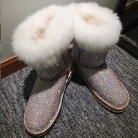 Gorgeous Luxury Leather Rhinestone Women's Faux Fur Boots - Thumbnail 5