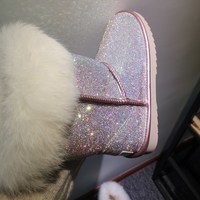 Gorgeous Luxury Leather Rhinestone Women's Faux Fur Boots - Thumbnail 6