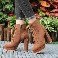 Lace up Black and Brown High Heels Platform Boots - Thumbnail 5