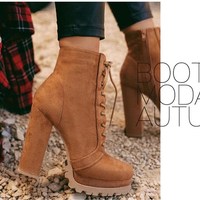 Lace up Black and Brown High Heels Platform Boots - Thumbnail 6