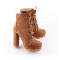 Lace up Black and Brown High Heels Platform Boots - Thumbnail 8