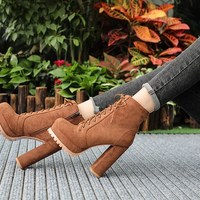 Lace up Black and Brown High Heels Platform Boots - Thumbnail 7