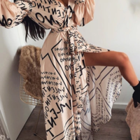 Long Sleeve Letter Print V-Neck Dress - Thumbnail 1