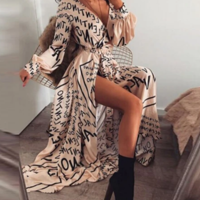 Long sleeve letter print v-neck dress - Thumbnail 4