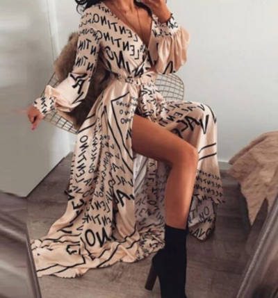 Long Sleeve Letter Print V-Neck Dress