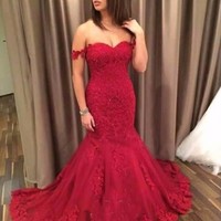 Charming Prom Dresses,Long Prom Dress,Burgundy Tulle Appliques Prom Dress,Ball Gown Prom Dresses,737 - Thumbnail 1